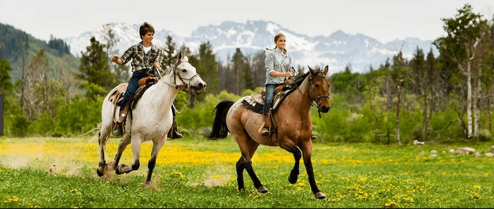 Confident plus-size woman riding Wembley a horse through a field with a smile on her face.